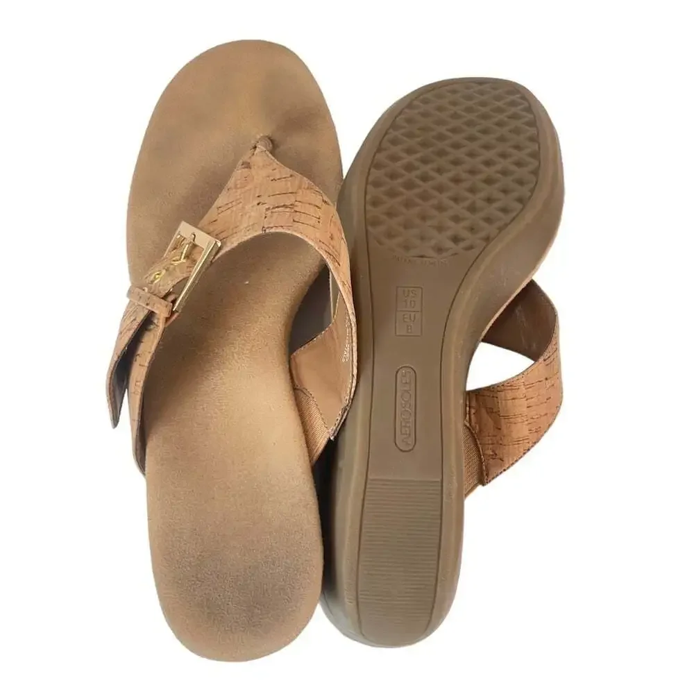 Aerosoles Tan Cork Wedge Sandals Women 10 Flower Thong Slide Comfort Summer